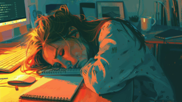 Ilustração de mulher deitada na mesa em cima dos cadernos representando uma cena de desgaste emocional