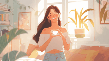 Ilustração de uma mulher fazendo coração com as mãos em representação de amor-próprio