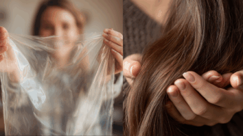 Na imagem da esquerda uma mulher segurando um saco plástico transparente e na segunda imagem uma mulher segurando mechas de cabelo